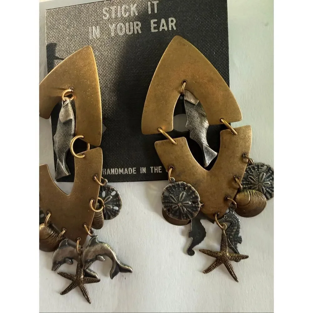 Dhdsc Women's Mixed-Metal Sea Life Charms Statement Dangle Earrings Gray Tan NWT